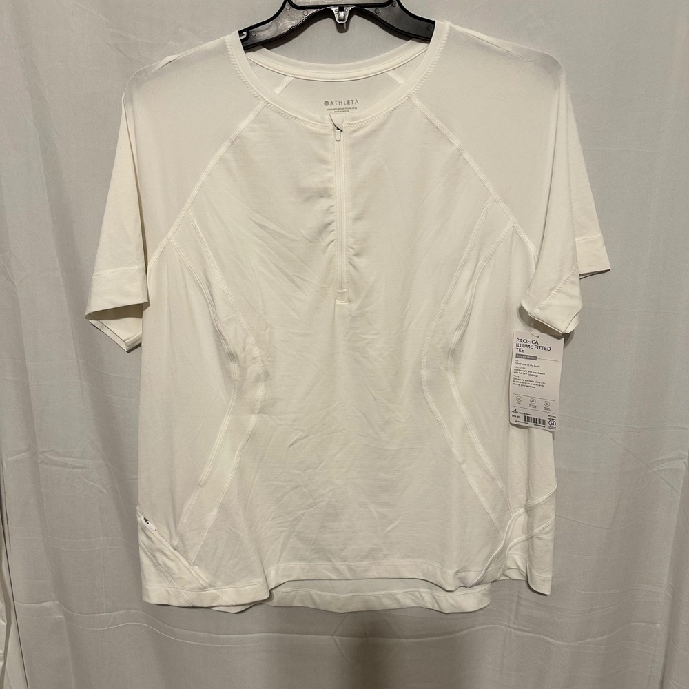 Athleta Pacifica Illume Fitted Tee White 1X Quarter Zip Short Sleeve UPF 657808